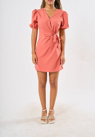 Mossimo Jaz Coral Pink Wrap Dress with Puff Sleeves