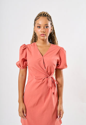 Mossimo Jaz Coral Pink Wrap Dress with Puff Sleeves