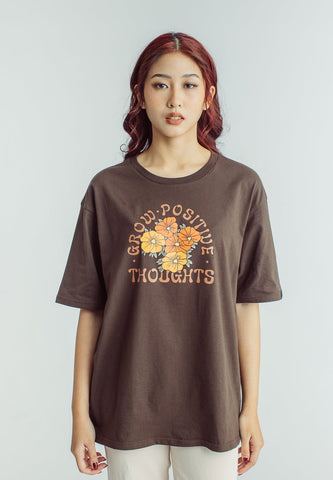 Mossimo Choco Brown with Grow Positive Thoughts Floral Design Oversized Fit Tee - Mossimo PH
