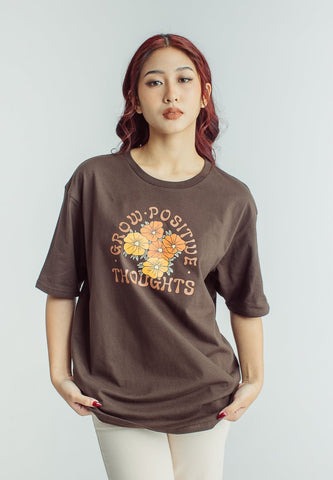 Mossimo Choco Brown with Grow Positive Thoughts Floral Design Oversized Fit Tee - Mossimo PH